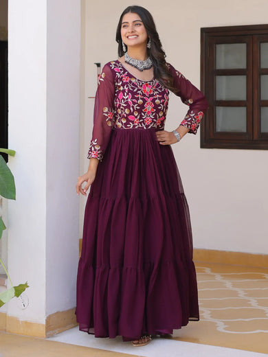 Beautiful Wine Thread Work Georgette Event Wear Anarkali Gown